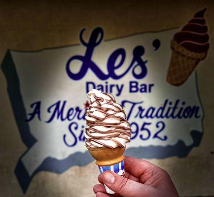 Medium mocha-cappuccino flavor burst vanilla ice cream cone @ Les' Dairy Bar, a Meriden tradition since 1952.