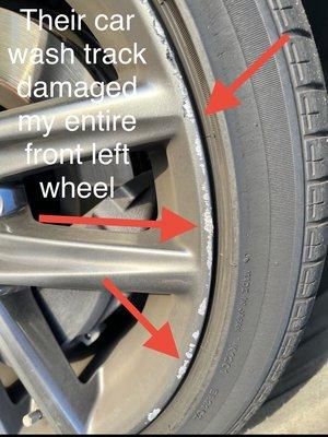 Major "curb rash" damage from their car wash! My entire front wheel is damaged all the way around!