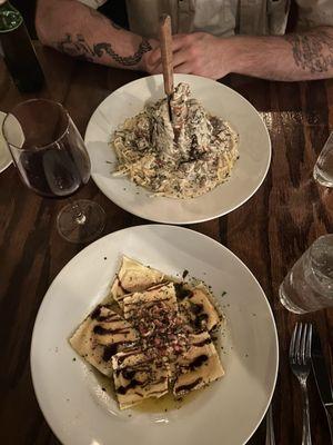 Caprese Ravioli on the bottom and lamb shank on the top