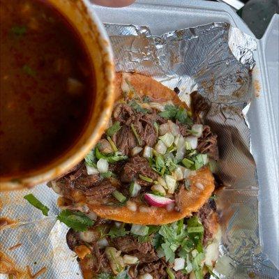 Birria shredded beef tacos with Consome