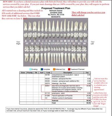 BEWARE!  Refresh Dental will impose services on you and charge you for it!  They will force additional services that you did not ask for!