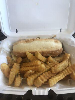 Philly Cheesesteak (Cheese, Mayo, Grilled Onions Only) and Seasoned Fries