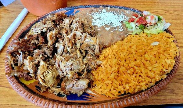 Carnitas, rice, and beans