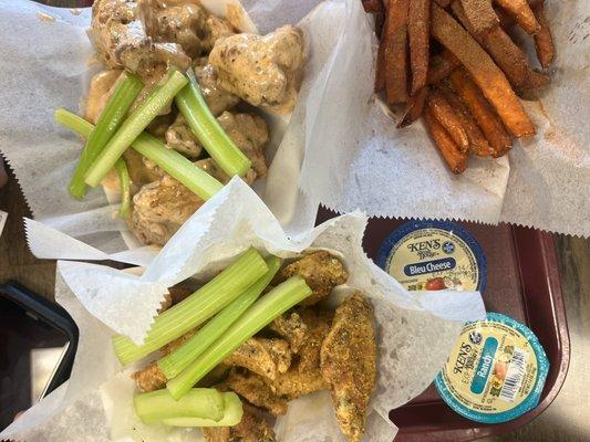 Lemon pepper wings, Cajun ranch wings and sweet potato fries