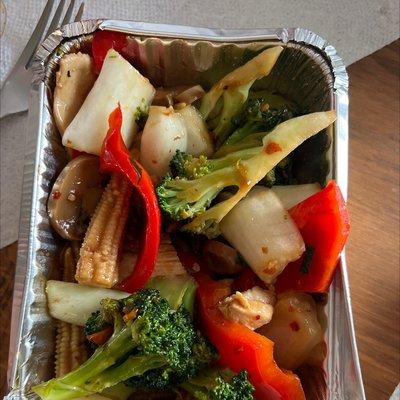 This is what we received when we ordered Mongolian chicken. TONS of veggies, maybe 3 pieces of chicken.