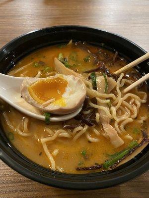 R6. Spicy Miso Ramen with egg (half-eaten in picture). Substituted corn for kikurage mushrooms