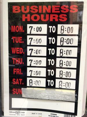 Current hours. Note they are not open on Sunday.