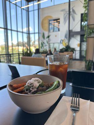 Protein bowl and iced coffee