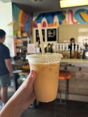 Ice oatmilk latte with lavender syrup