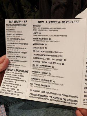 Tap beer and non-alcoholic beverages menu