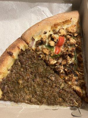 Curry oxtail slice (left) Jerk chicken slice (right)