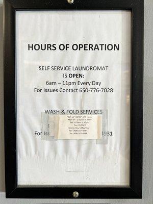 Hours of Operation
 
 Note: Wash & Fold hours have changed.