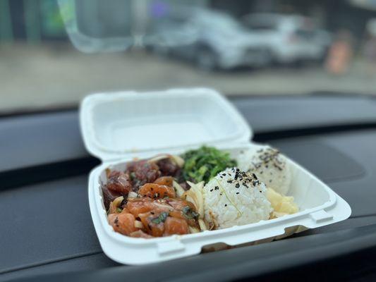 Poke Bowl with Wasabi Salmon and Hawaiian style Ahi with rice and salad.