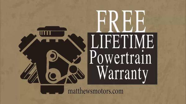 FREE Lifetime Engine/Transmission Warranty on most makes 5 years or newer under 80k miles.