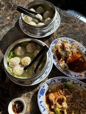 Crab and pork soup dumplings, Pork soup dumplings, fried wontons in peanut & hot sauce, Little bit of everything laid fun