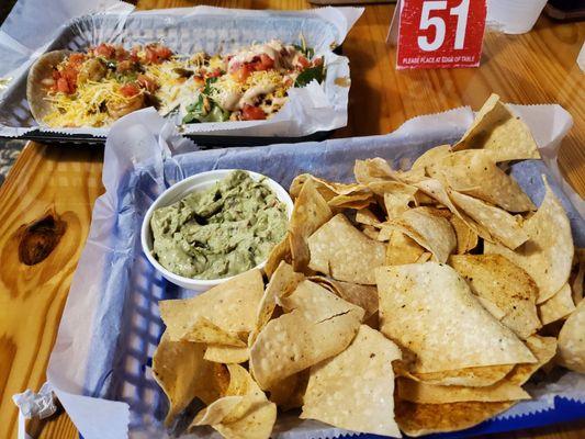 Chicken taco, shrimp taco, and nachos with excellent guac.