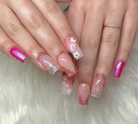 Shades of Pink with Flowers and encapsulated Flakes