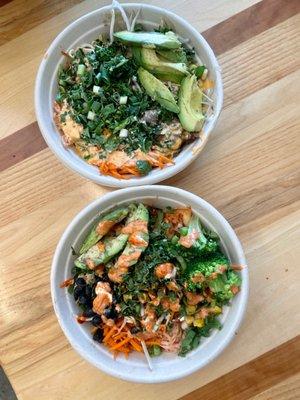 tofu salad bowl (bottom) and beef noodles (top)