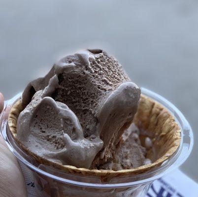 Chocolate ice cream, peanut butter parfait ice cream in a waffle bowl