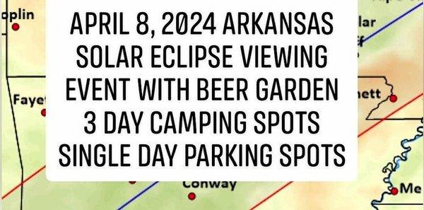 TAT's Billiards 2024 Solar Eclipse Viewing Event
April 8, 2024
Reserved day parking or 3 day camping in Malvern, Hot Spring County, AR