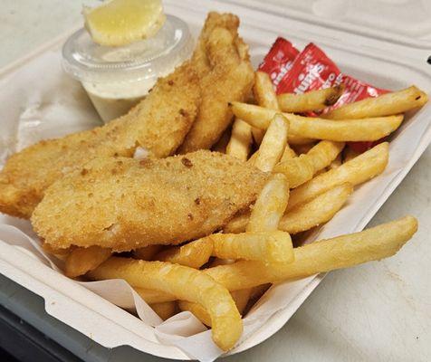 Deep golden deep-fried Pacific cod, served with house-made tarter sauce a slice of lemon and plenty of crispy french fries.