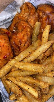 Sweet chili sauce on the wings, lemon pepper fries.