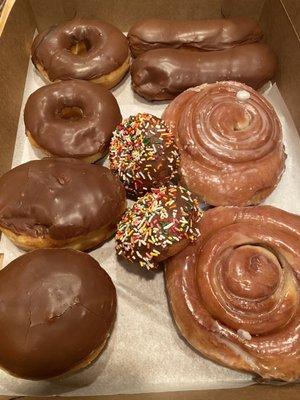 Fresh donuts...yummm!! Chocolate mostly and chocolate filled