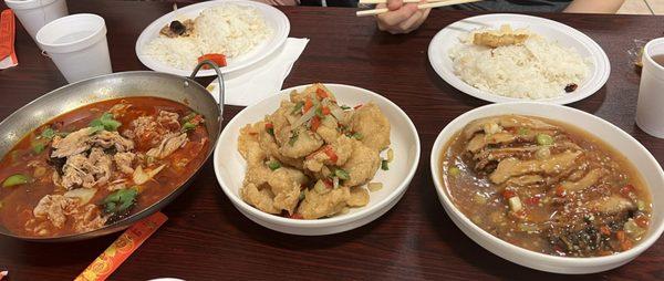 Salt and pepper fish fillet, sour soup fat beef, pork belly and dried veggies