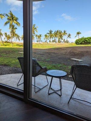 This is our view from our room, probably the biggest disappointment of the vacation, a basement room with unmanicured lawn and workmen.