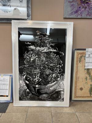 Framed woodcut print