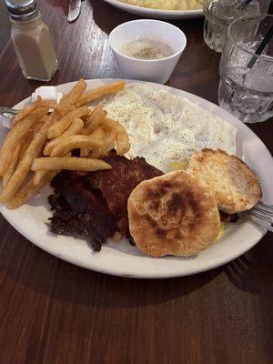 Corned beef hash sub fries and biscuit, plus side of gravy