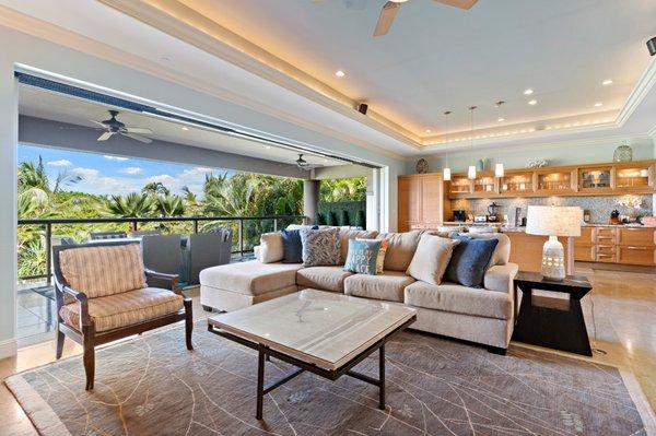 Interior photo showing the living room of one of the luxury condos at Ho'olei in Wailea