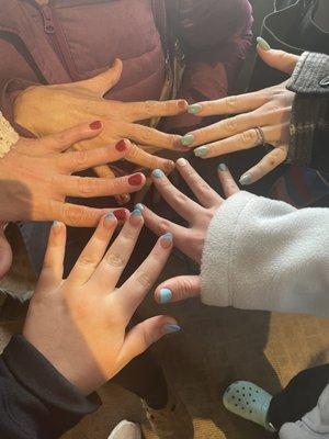 All of our nails. The one with 2 stripes is the one that used an idea for the second picture