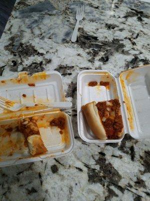 half eaten great chili dog. sorry I couldn't wait to eat them.