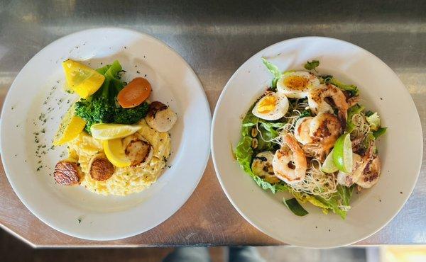 Scallops with Creamy Polenta and sautéed vegetables.