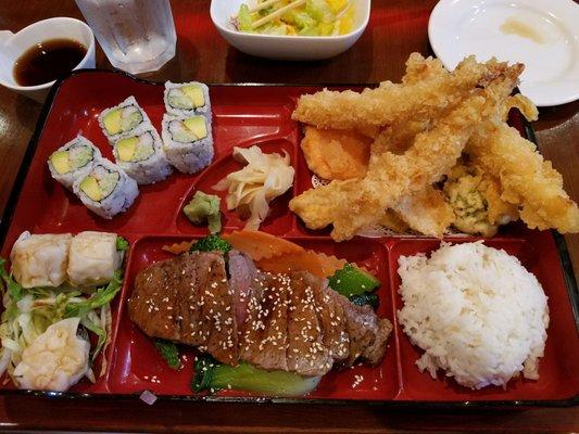 Bento box with beef teriyaki and shrimp tempura (also comes with soup and salad)