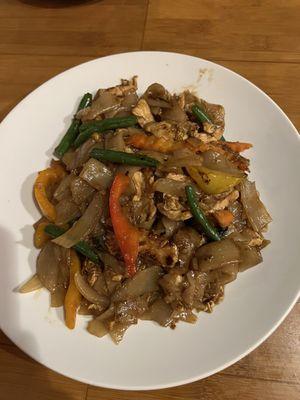 Drunken noodle with chicken ( top view )