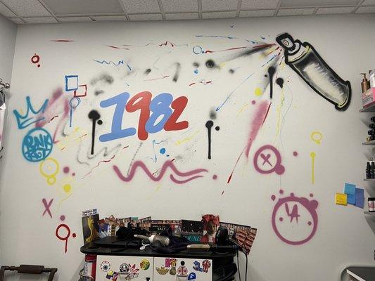 The inside of her hair salon- super cool art!