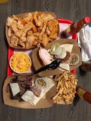 Our tray of good , turkey tacos pimento cheese & pork rinds