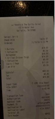 The receipt for what we ate