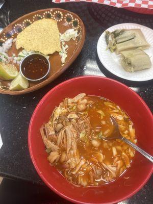 Pozole with granitos tamales