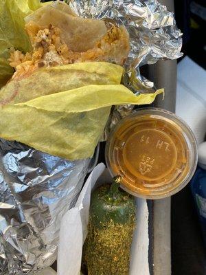 Chorizo n egg burrito and they gave me a big jalapeño pepper that was coated with lemon salt... yummy!