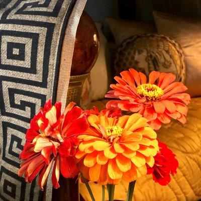 Don't Think These Zinnias Feel Awkward Next to a Greek Key Boarder.  Decorations Lucullus, A Gentleman's Quarters Project