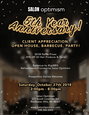 Salon Optimism 5th Anniversary Client Appreciation, Open House, Barbecue, Party! Saturday, Oct 27 2018 2:00-8:00