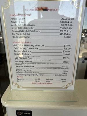 Price menu