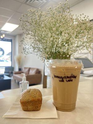 Honey lavender iced latte and GF banana bread