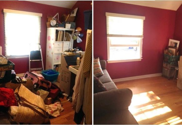 Living room before and after declutter and organizing