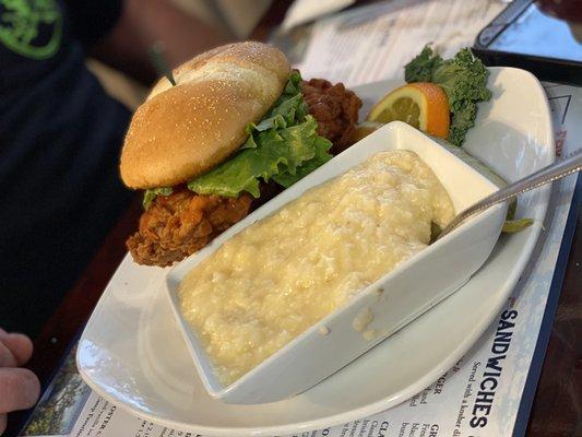 Huge chicken sandwich and cheese grits