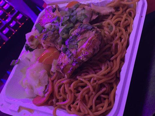 Salmon with veggies and noodles