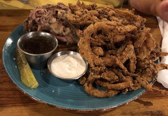 Onion Ring and Prime Rib dip